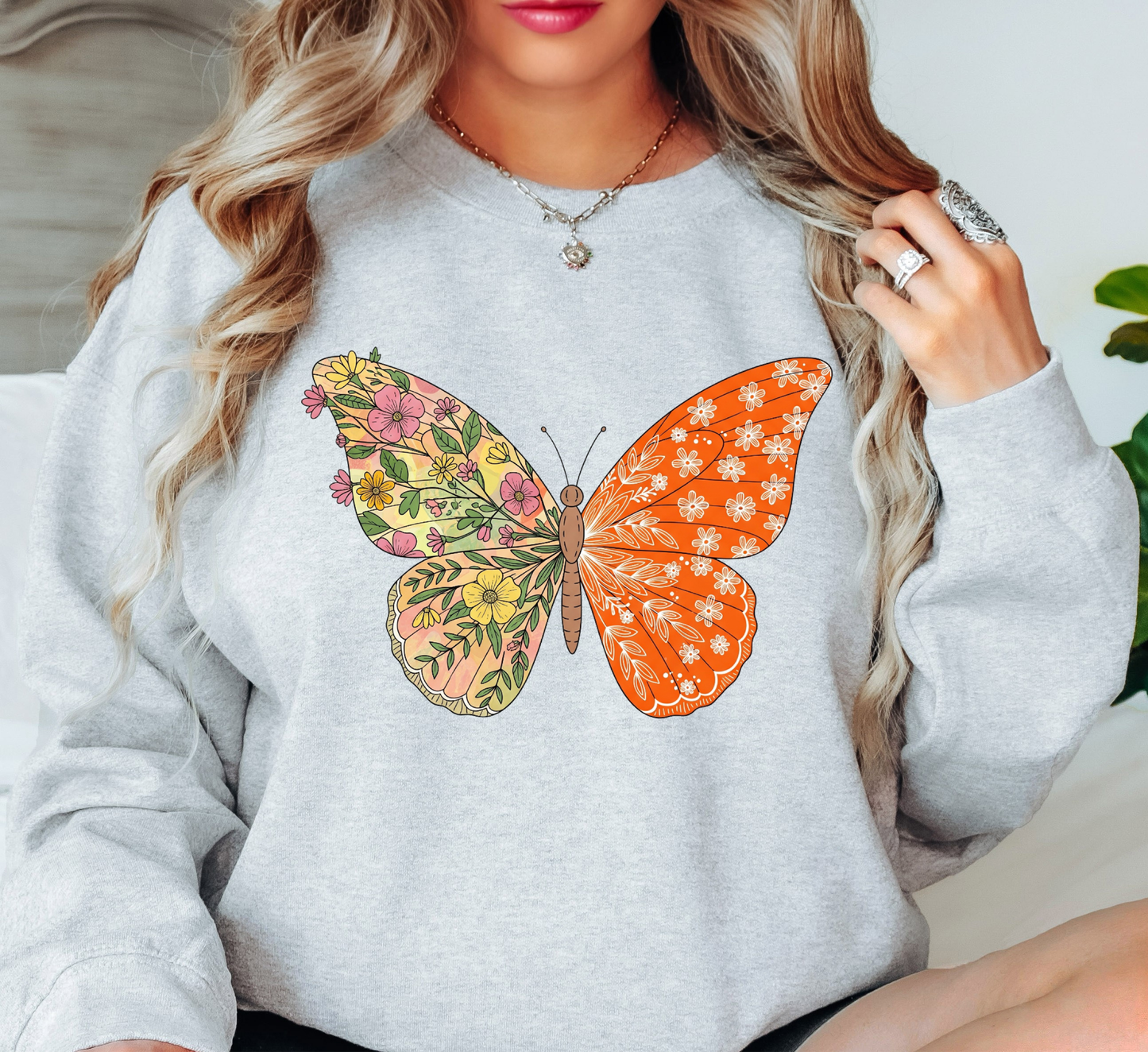 Two Tone Floral Butterfly Sweatshirt | Spring Fling Collection | Unique Gifts for Family Friends