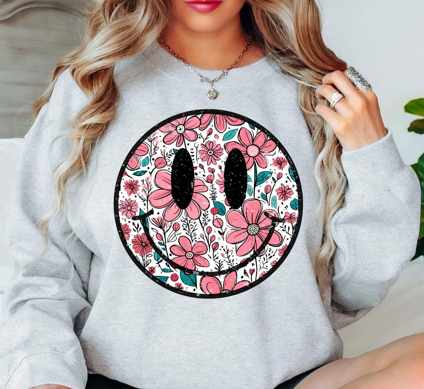 Floral Spring Smiley Face Sweatshirt | Spring Fling Collection | Unique Gifts for Family Friends