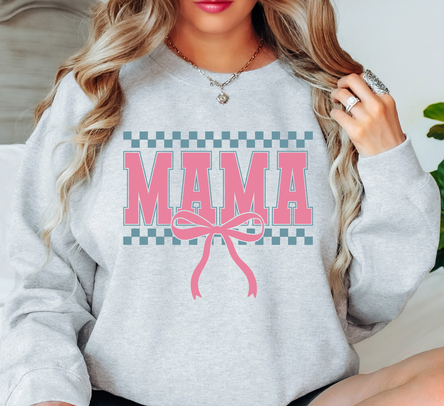 Checkered Mama Bow Sweatshirt | Mama Mode Activated Collection | Unique Gifts for Family Friends