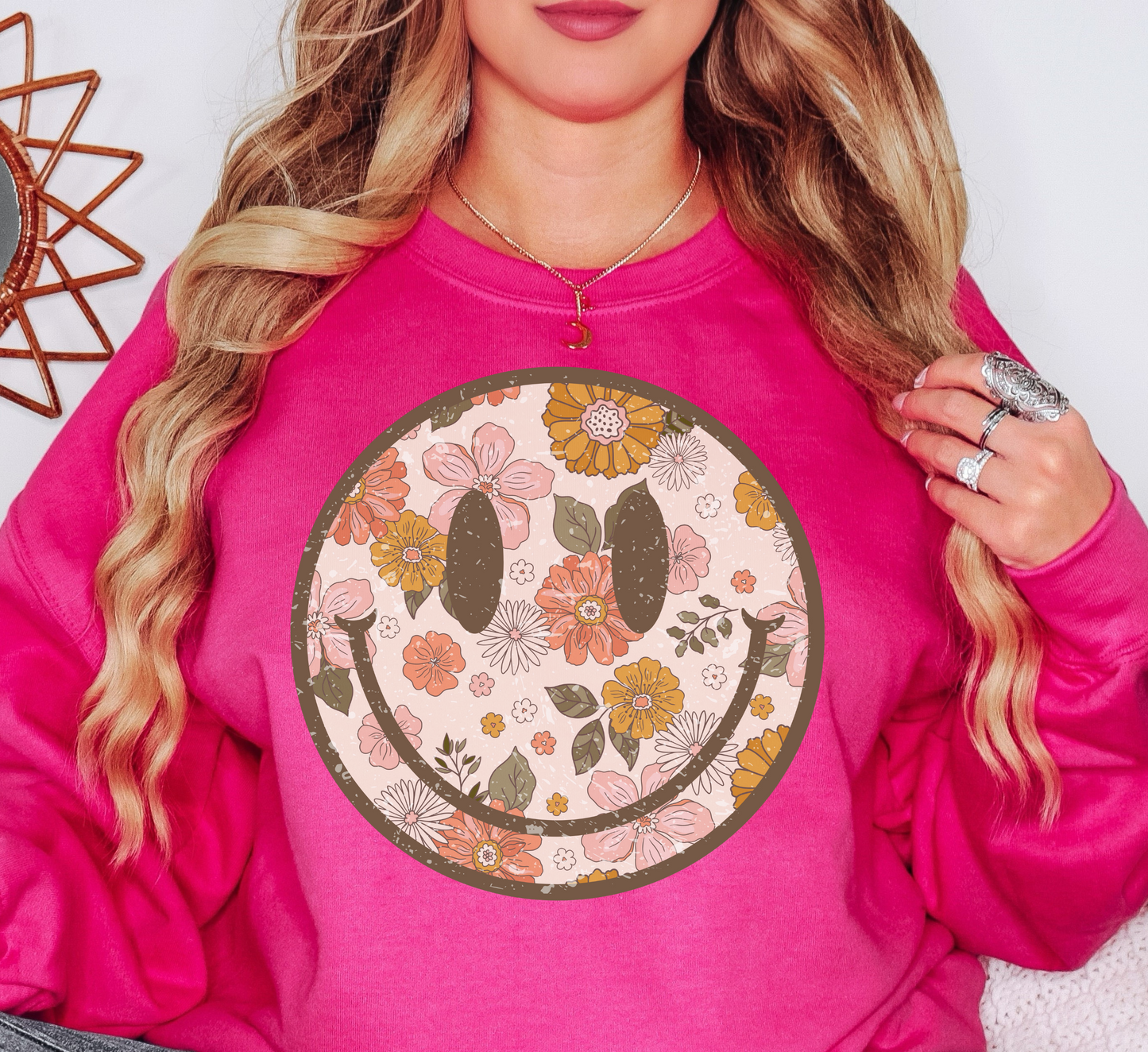 Distressed Floral Smiley Sweatshirt | Spring Fling Collection | Unique Gifts for Family Friends