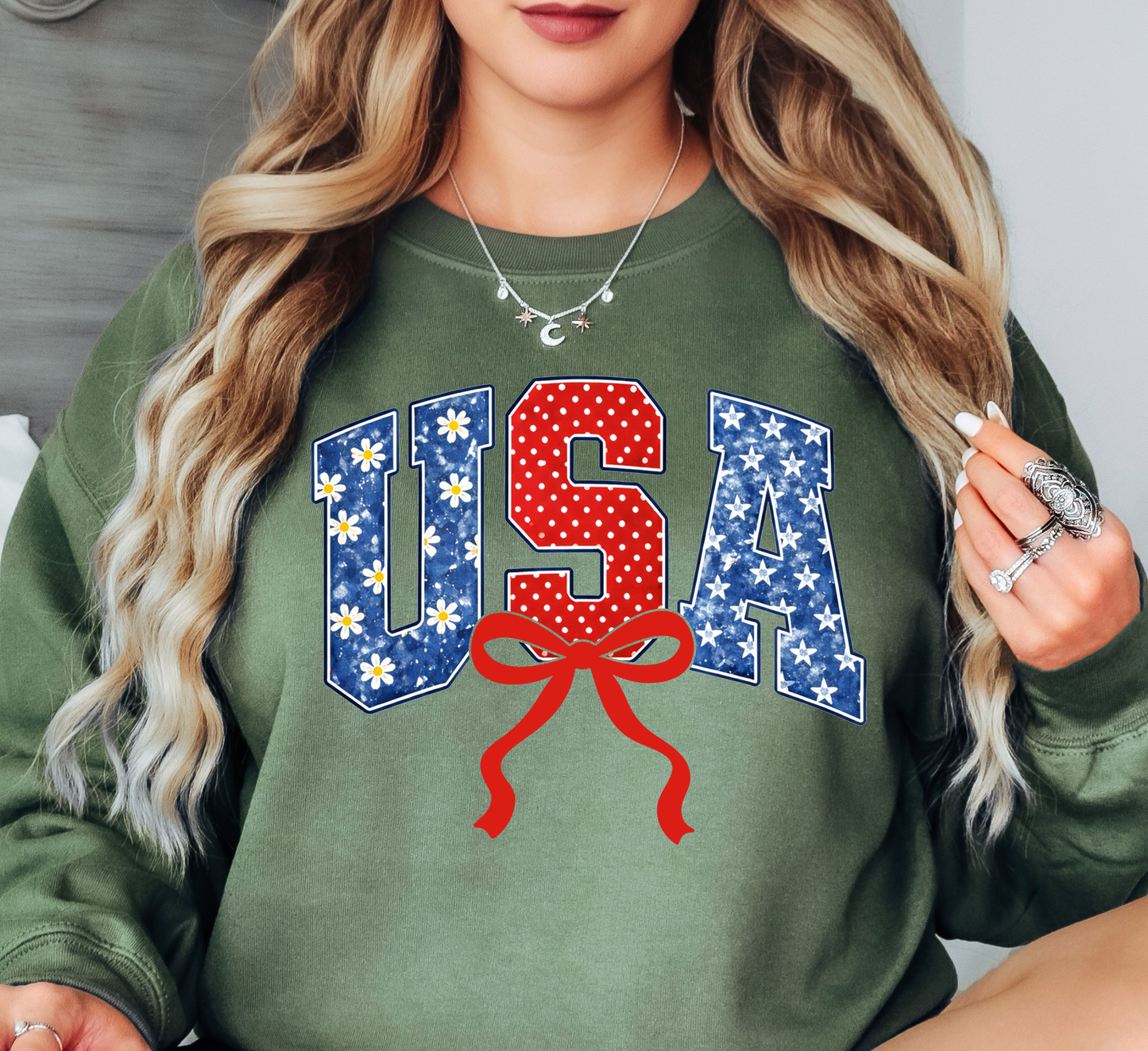 Preppy USA Floral Bow Sweatshirt | Stars and Stripes Collection | Unique Gifts for Family and Friends