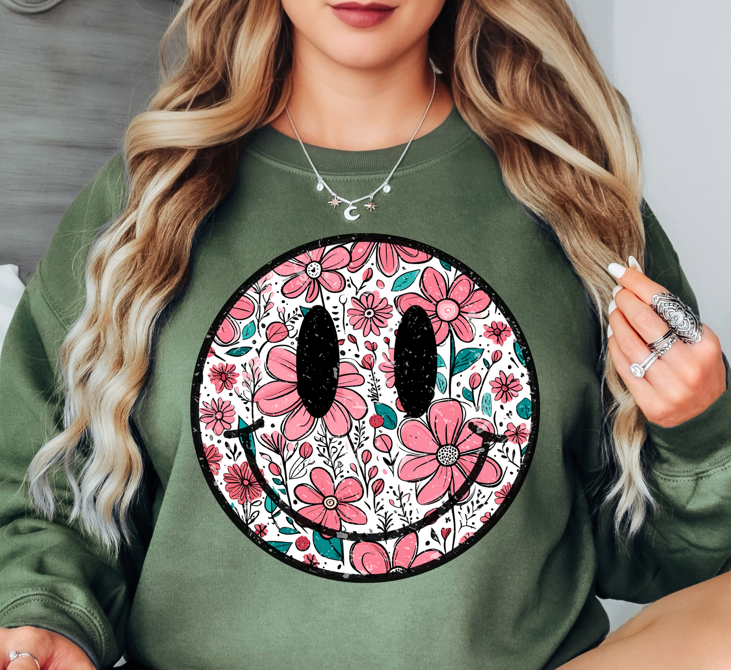 Floral Spring Smiley Face Sweatshirt | Spring Fling Collection | Unique Gifts for Family Friends