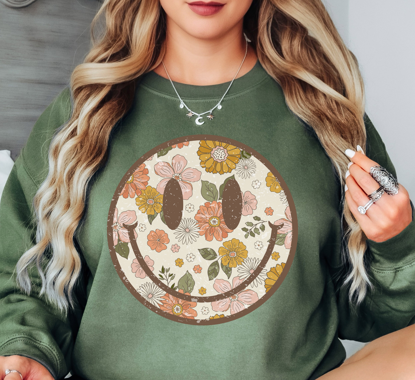 Distressed Floral Smiley Sweatshirt | Spring Fling Collection | Unique Gifts for Family Friends