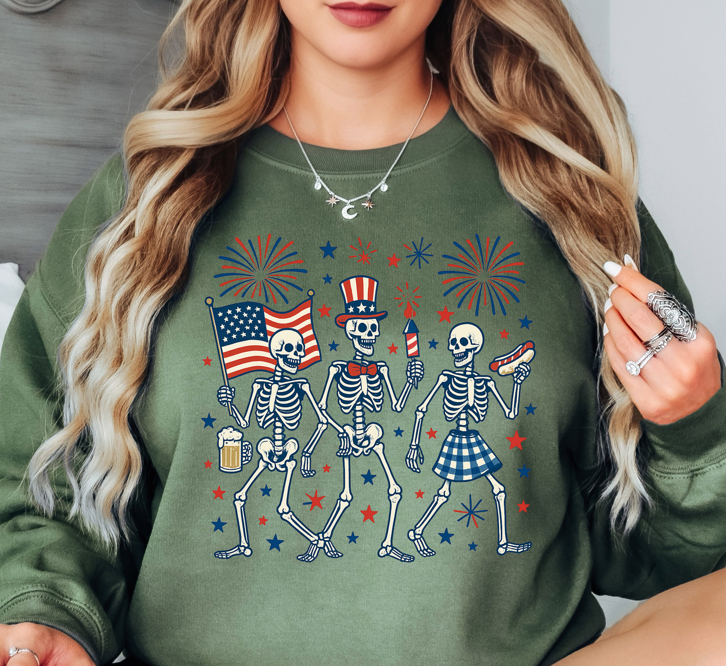 Patriotic Skeletons Sweatshirt | Stars and Stripes Collection | Unique Gifts for Family and Friends