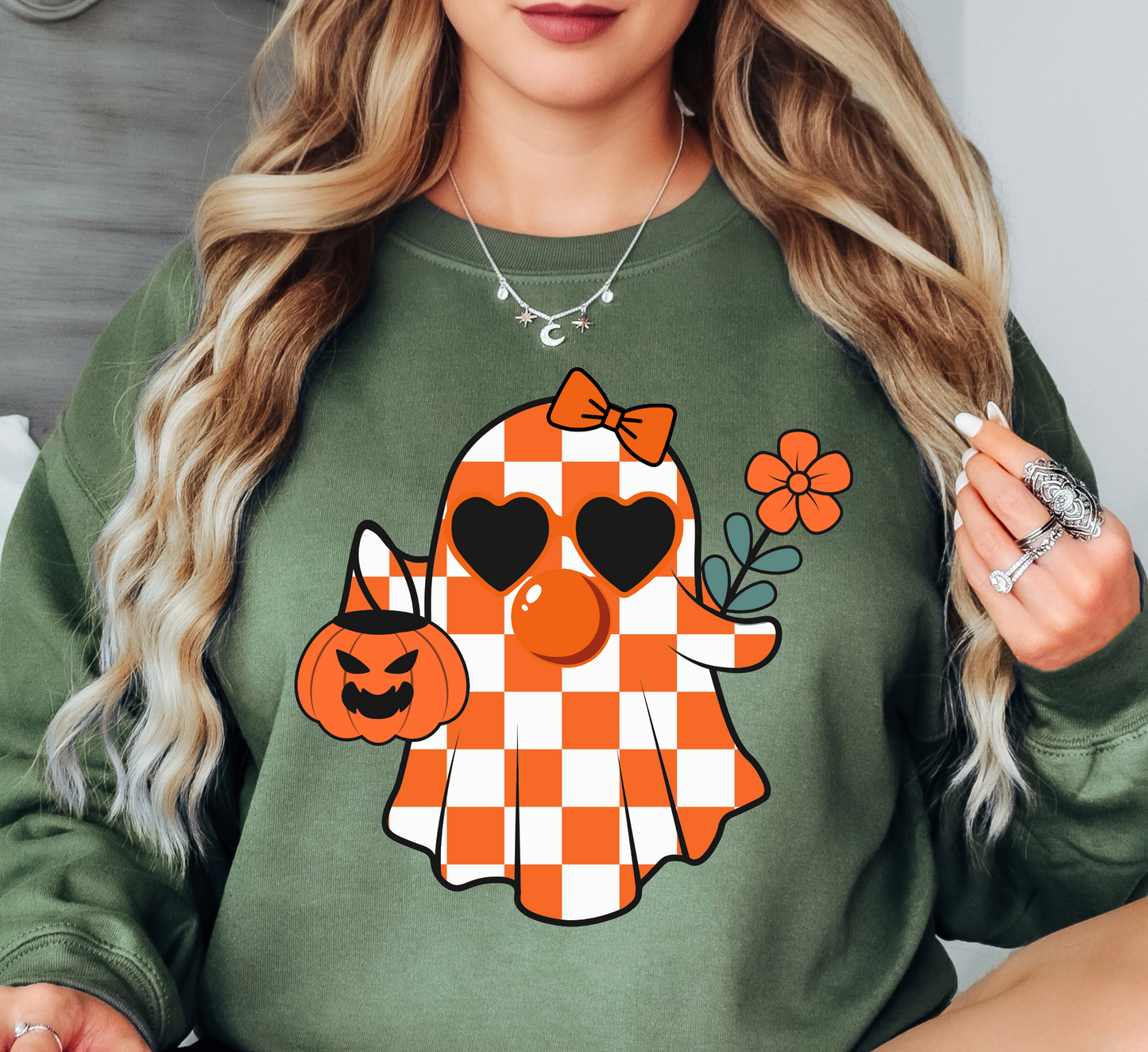 Cutie Checkered Ghost Sweatshirt | Boo-tiful Vibes Collection | Unique Gifts for Family Friends