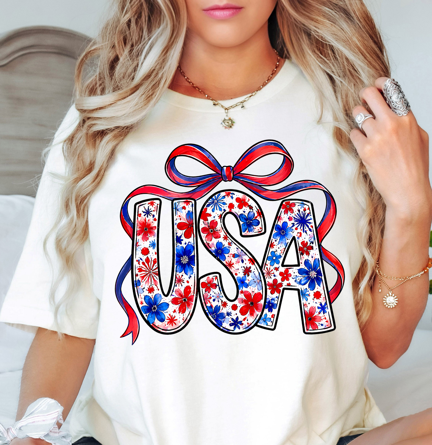 Floral Coquette USA Tee | Stars and Stripes Collection | Unisex Pre-Shrunk T-Shirt