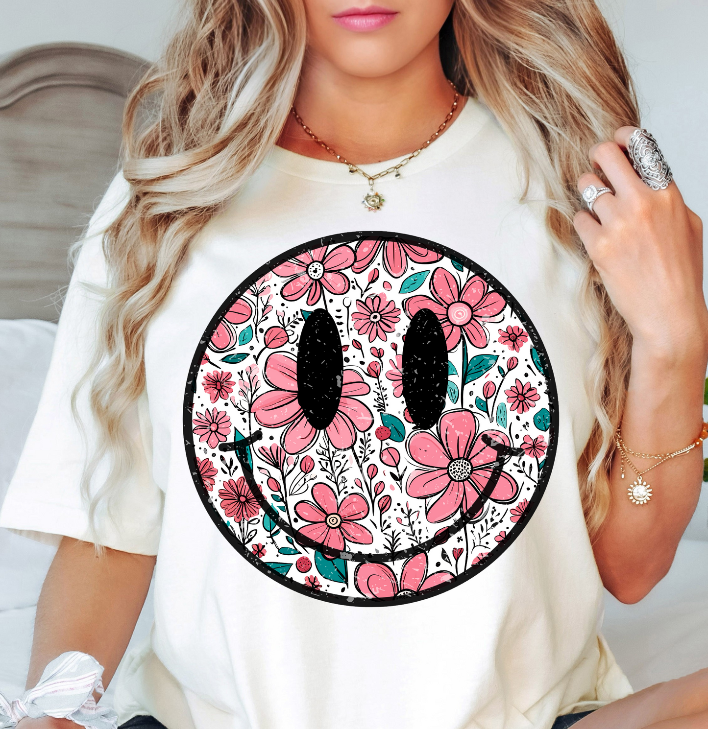 Floral Spring Smiley Face Tee | Spring Fling Collection | Unisex Pre-Shrunk T-Shirt