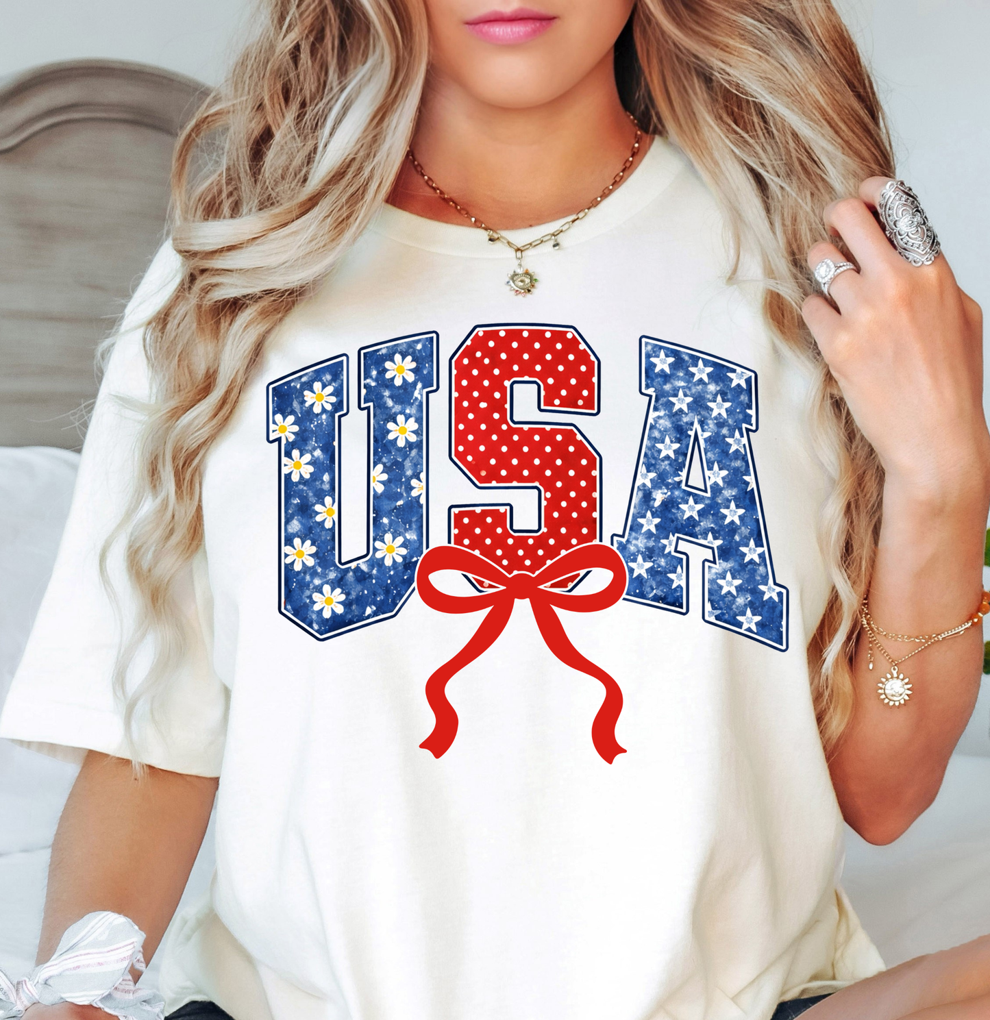 Preppy USA Floral Bow Tee | Stars and Stripes Collection | Unisex Pre-Shrunk T-Shirt