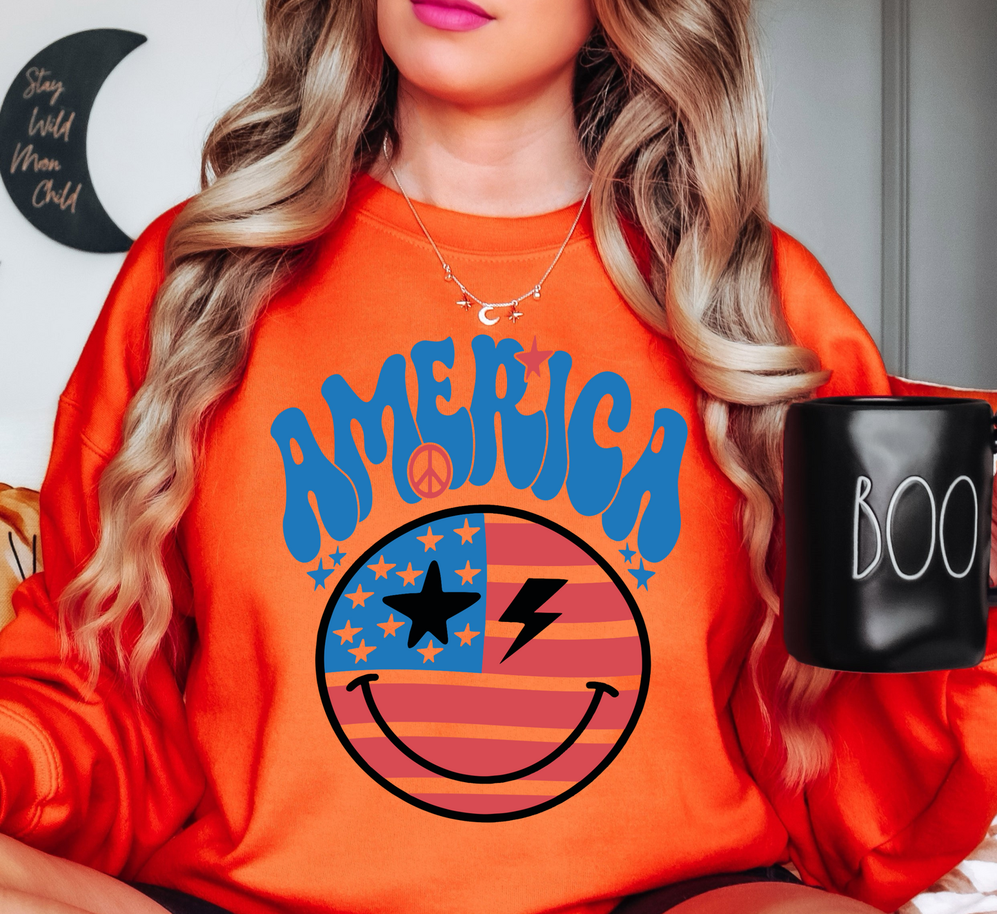 Retro America Smiley Face Sweatshirt | Stars and Stripes Collection | Unique Gifts for Family Friends