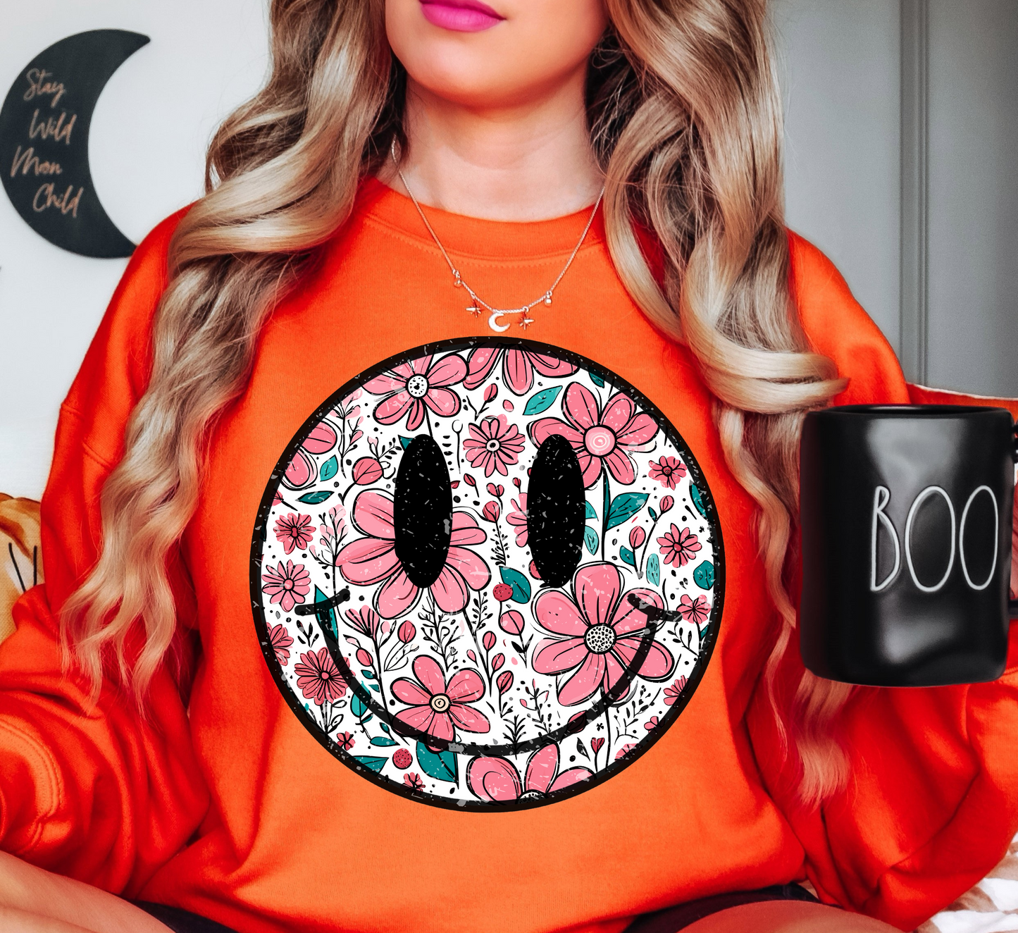 Floral Spring Smiley Face Sweatshirt | Spring Fling Collection | Unique Gifts for Family Friends