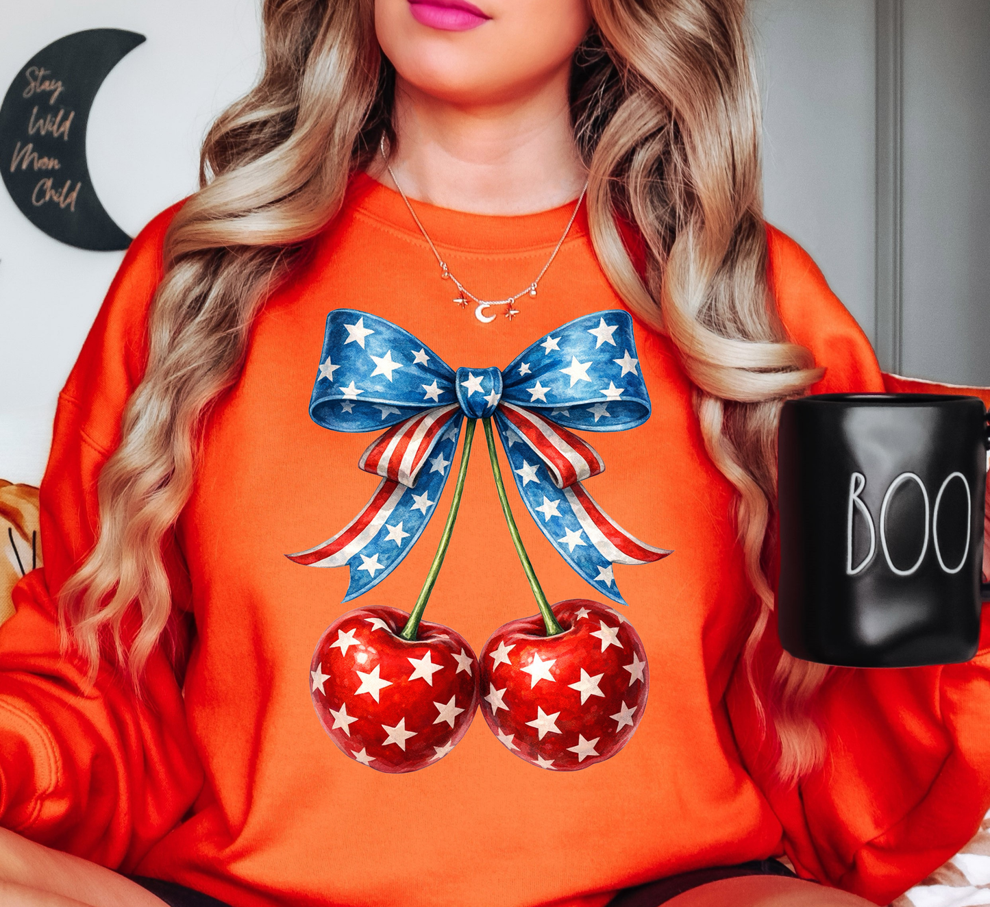 Cherry Cute Bow Sweatshirt | Stars and Stripes Collection | Unique Gifts for Family and Friends