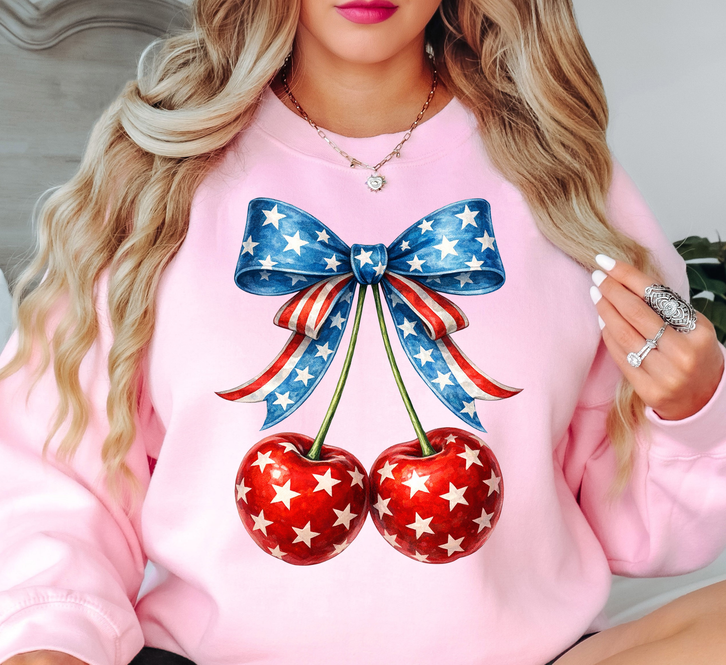 Cherry Cute Bow Sweatshirt | Stars and Stripes Collection | Unique Gifts for Family and Friends
