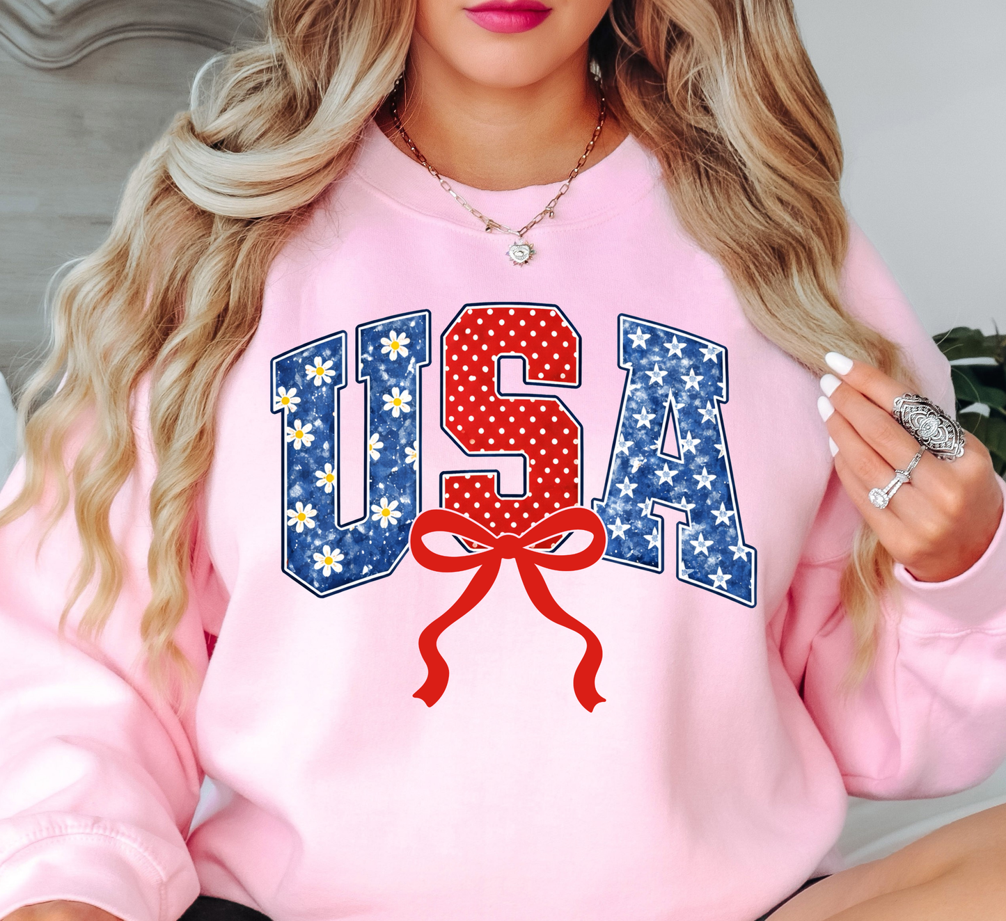 Preppy USA Floral Bow Sweatshirt | Stars and Stripes Collection | Unique Gifts for Family and Friends