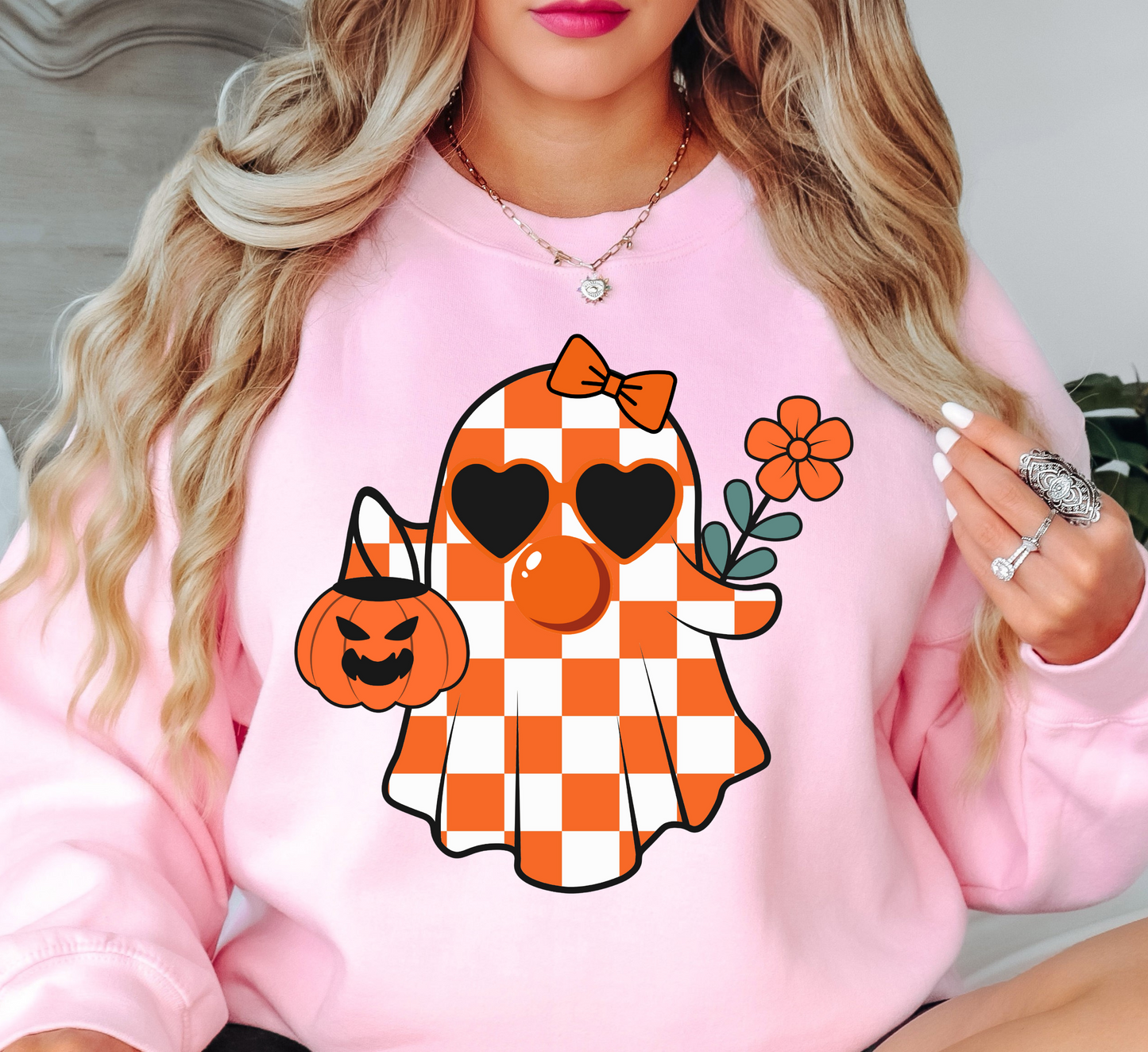 Cutie Checkered Ghost Sweatshirt | Boo-tiful Vibes Collection | Unique Gifts for Family Friends