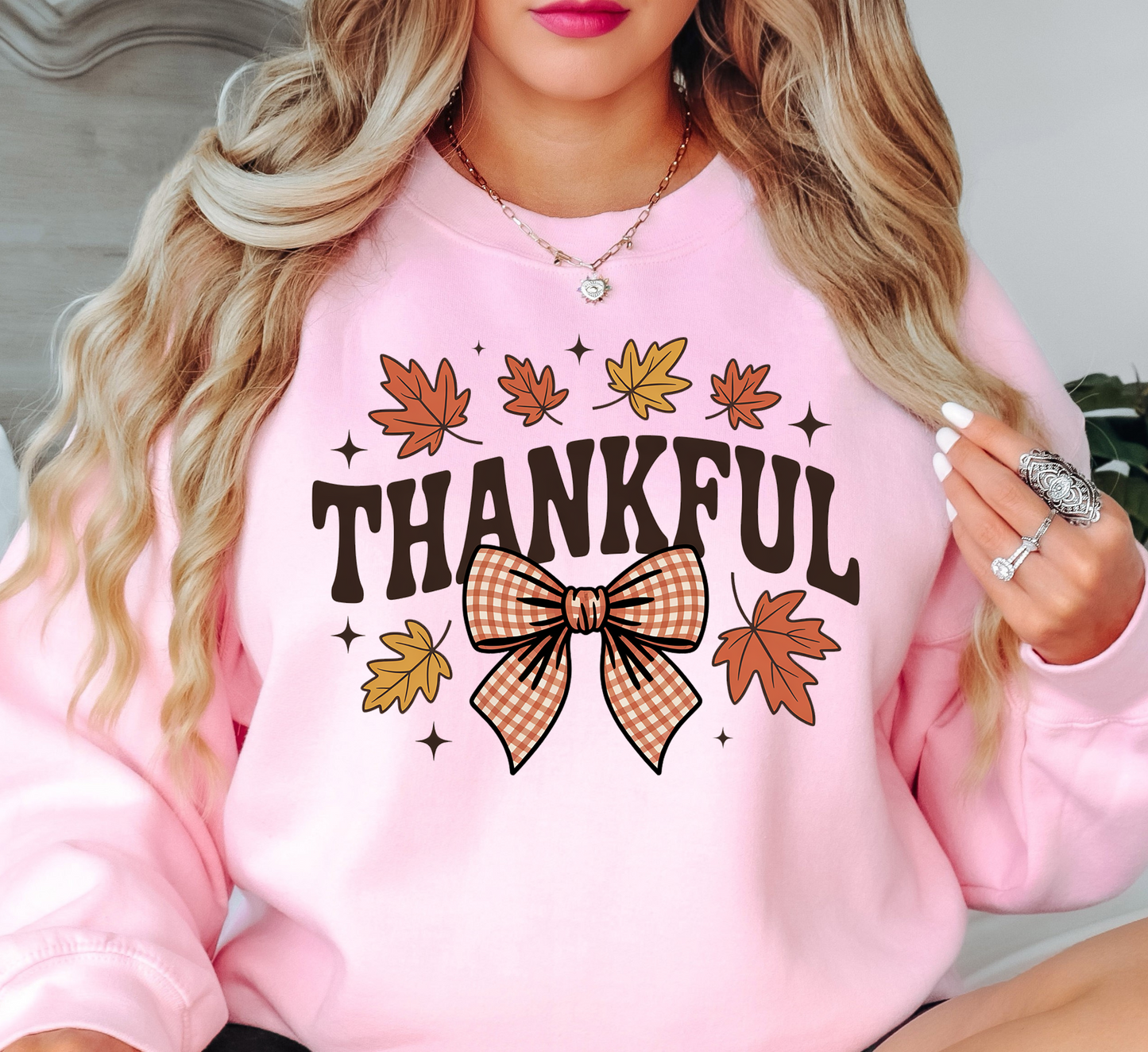 Thankful Leaves With Bow Sweatshirt | Harvest Joy Collection | Unique Gifts for Family Friends
