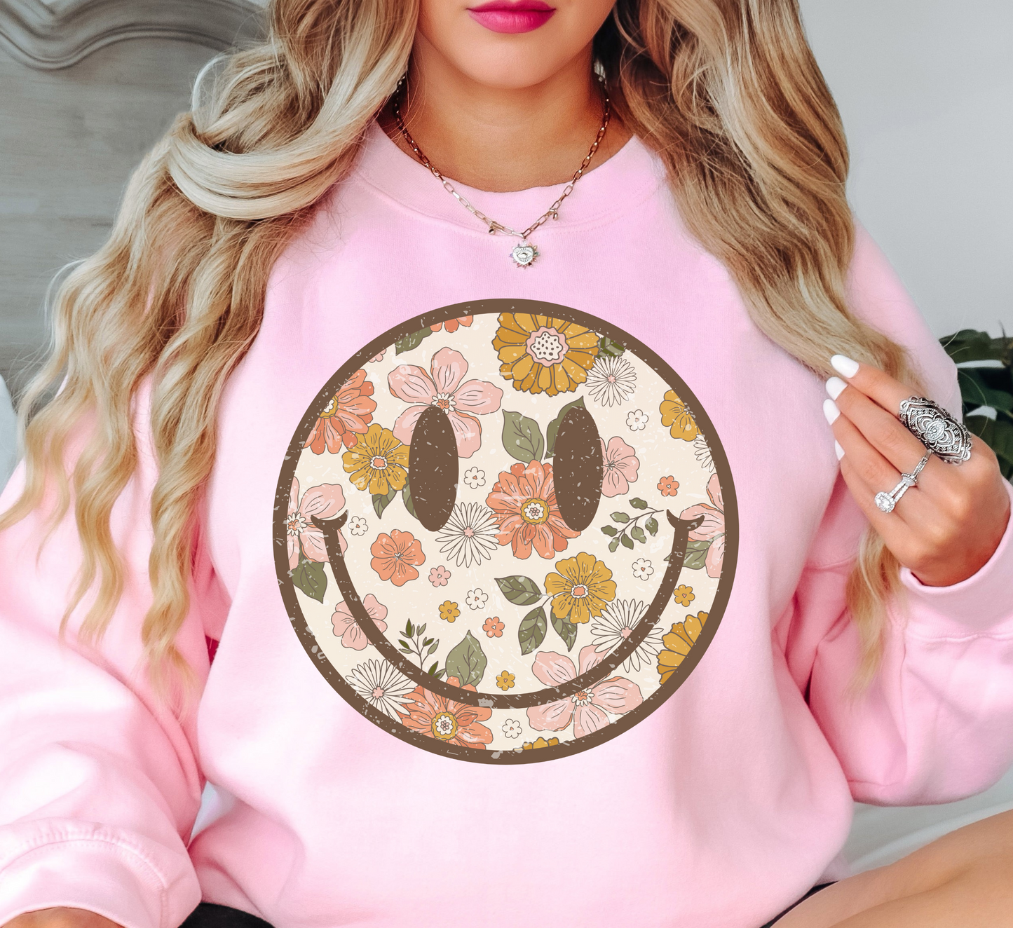 Distressed Floral Smiley Sweatshirt | Spring Fling Collection | Unique Gifts for Family Friends
