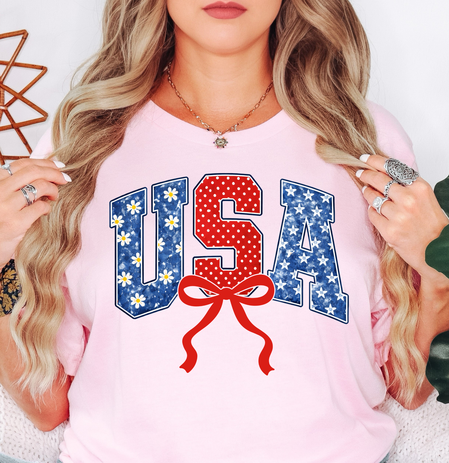 Preppy USA Floral Bow Tee | Stars and Stripes Collection | Unisex Pre-Shrunk T-Shirt