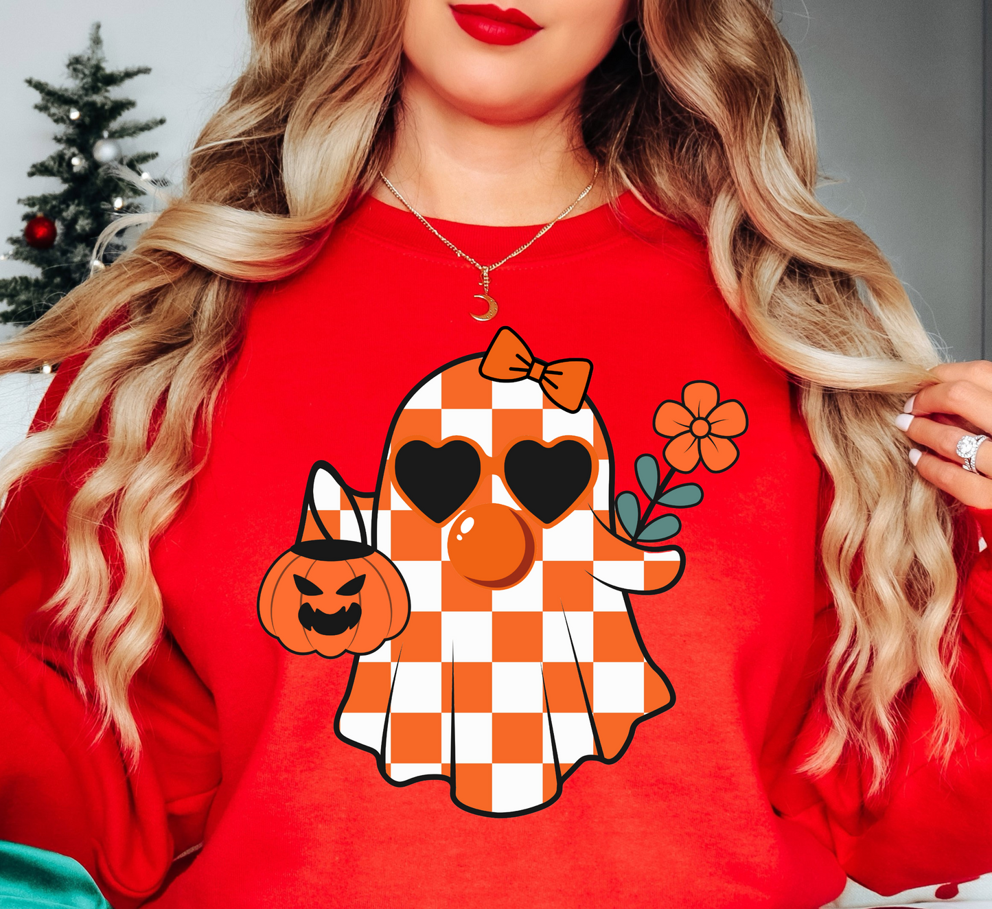 Cutie Checkered Ghost Sweatshirt | Boo-tiful Vibes Collection | Unique Gifts for Family Friends