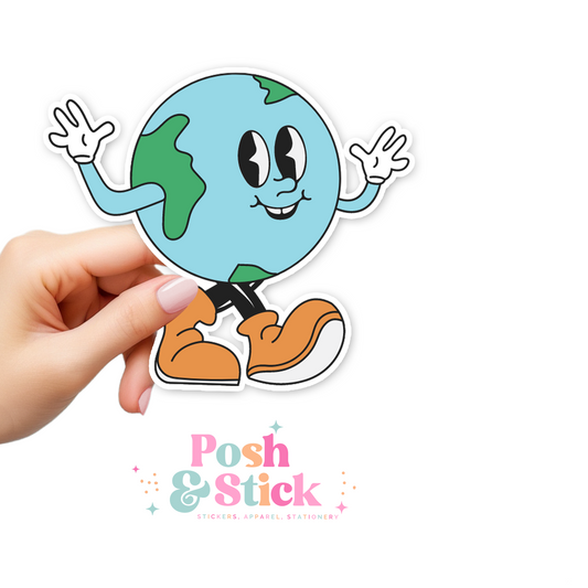 Retro Happy Earth | Sustainable Style Clear Vinyl Stickers | Unique Gifts For Family Friends