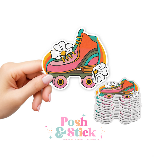 Retro Floral Roller Skates Clear Vinyl Stickers | Décor for Laptop, Notebooks, or Planners
