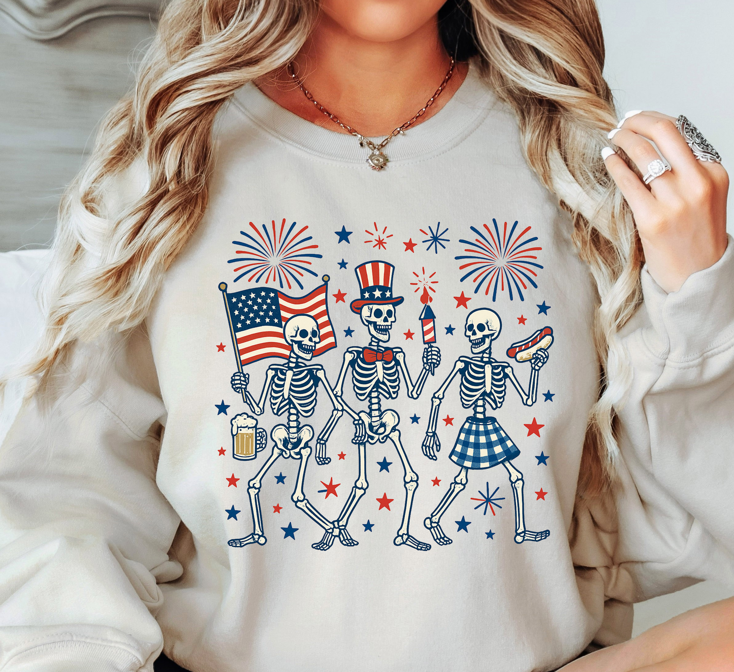 Patriotic Skeletons Sweatshirt | Stars and Stripes Collection | Unique Gifts for Family and Friends