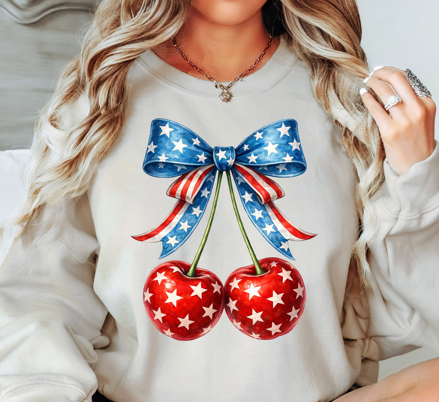 Cherry Cute Bow Sweatshirt | Stars and Stripes Collection | Unique Gifts for Family and Friends