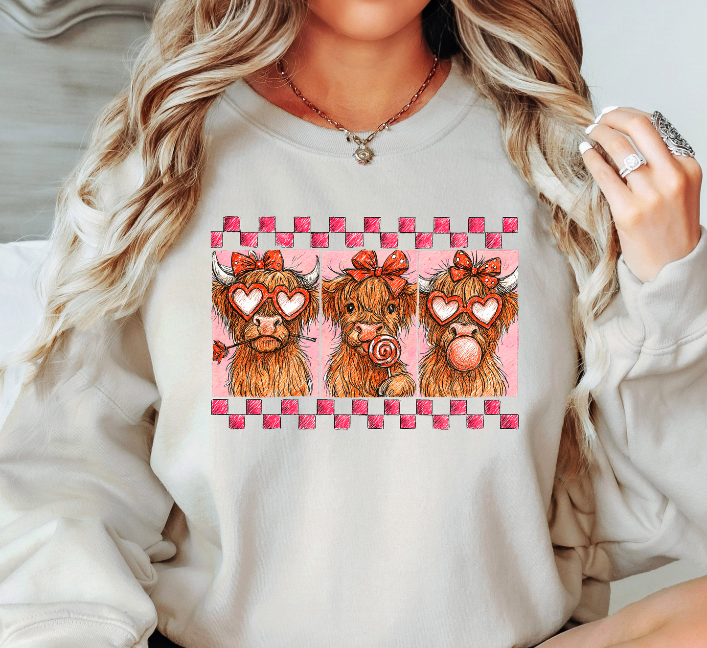 Retro Highland Cow Hearts Sweatshirt | XoXo Love Collection | Unique Gifts for Family Friends