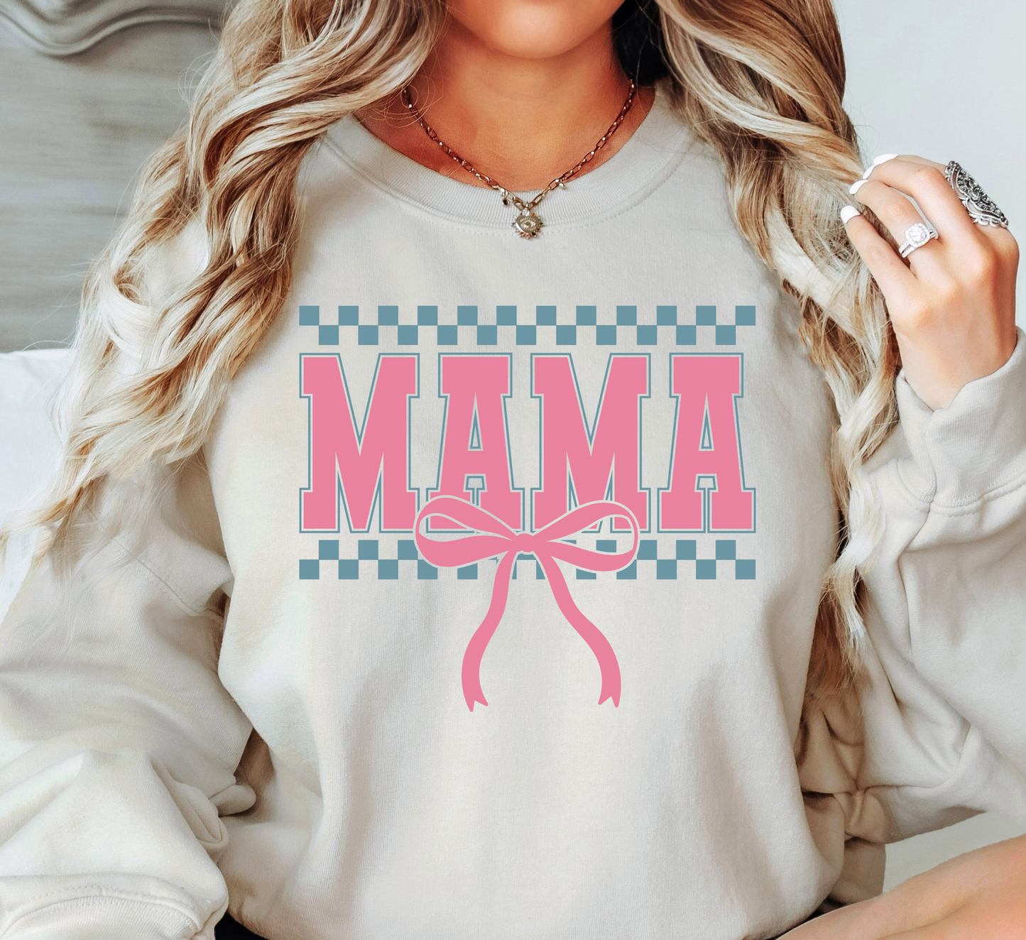 Checkered Mama Bow Sweatshirt | Mama Mode Activated Collection | Unique Gifts for Family Friends