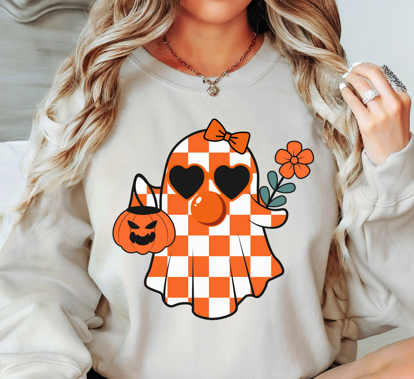 Cutie Checkered Ghost Sweatshirt | Boo-tiful Vibes Collection | Unique Gifts for Family Friends