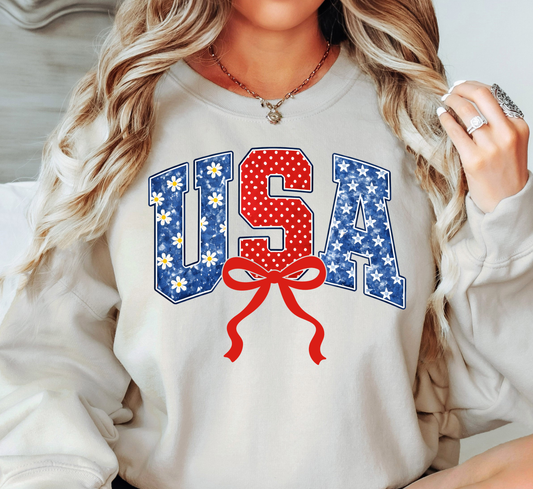 Preppy USA Floral Bow Sweatshirt | Stars and Stripes Collection | Unique Gifts for Family and Friends