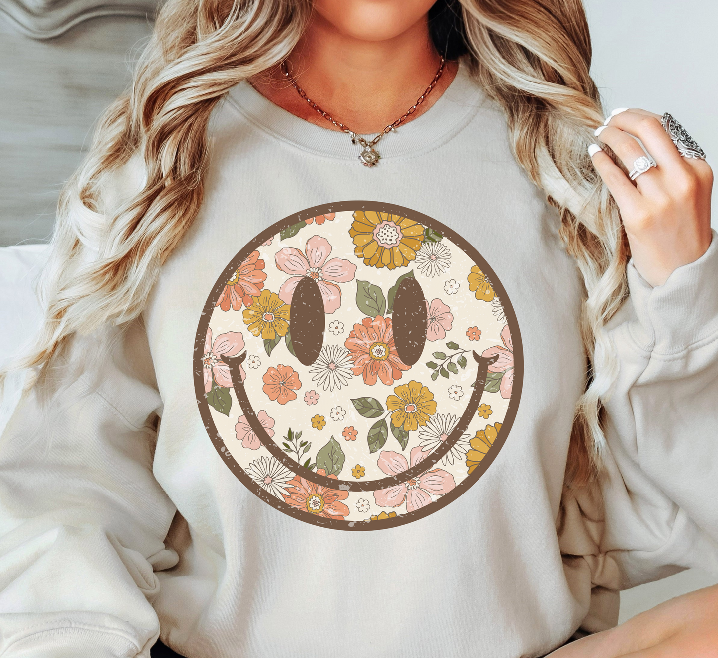 Distressed Floral Smiley Sweatshirt | Spring Fling Collection | Unique Gifts for Family Friends