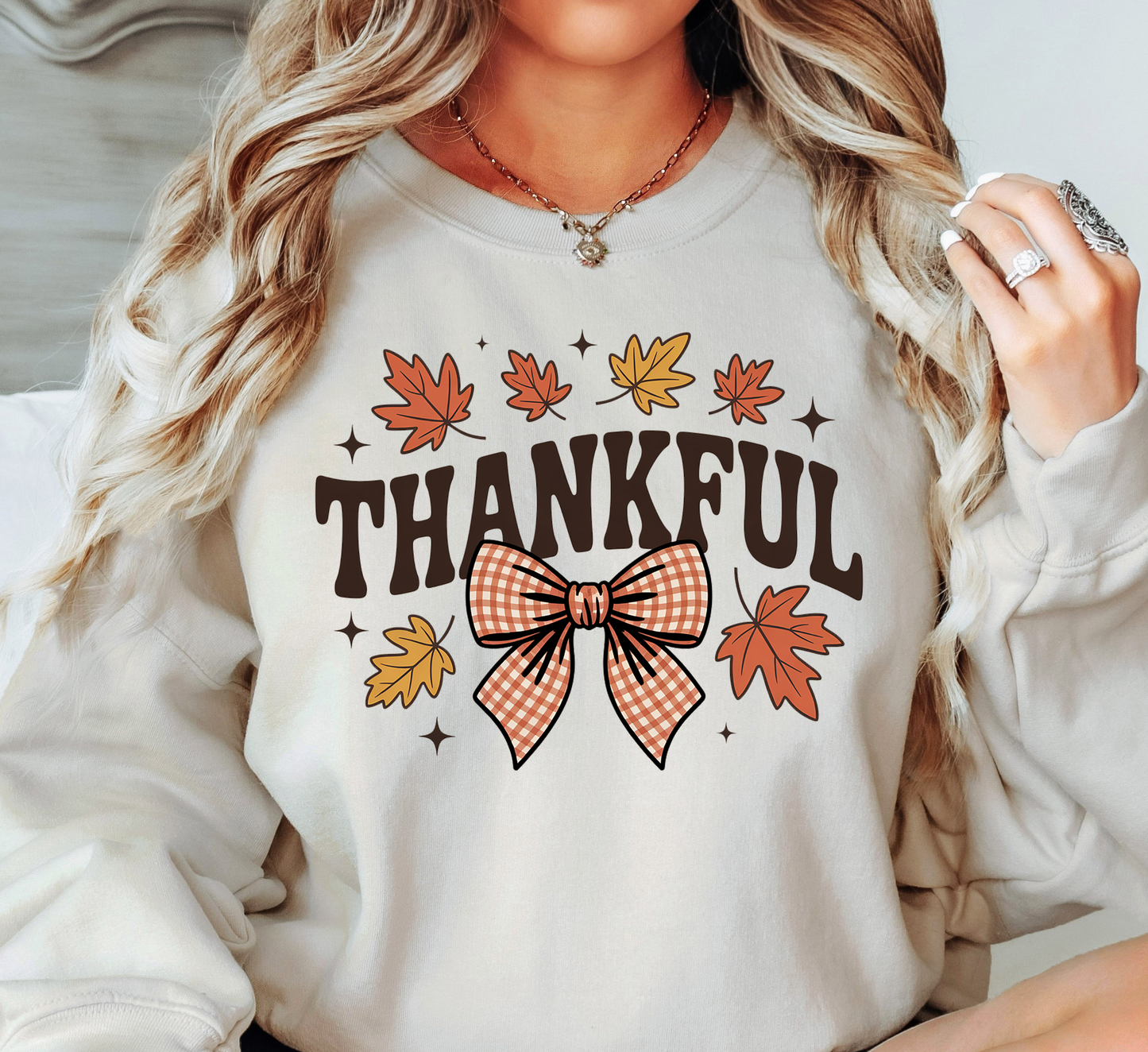 Thankful Leaves With Bow Sweatshirt | Harvest Joy Collection | Unique Gifts for Family Friends