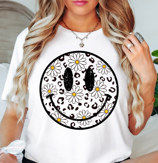 Leopard Print Daisy Spring Smiley Happy Face (Tee) | Spring Fashion | Unisex Pre-Shrunk T-Shirt
