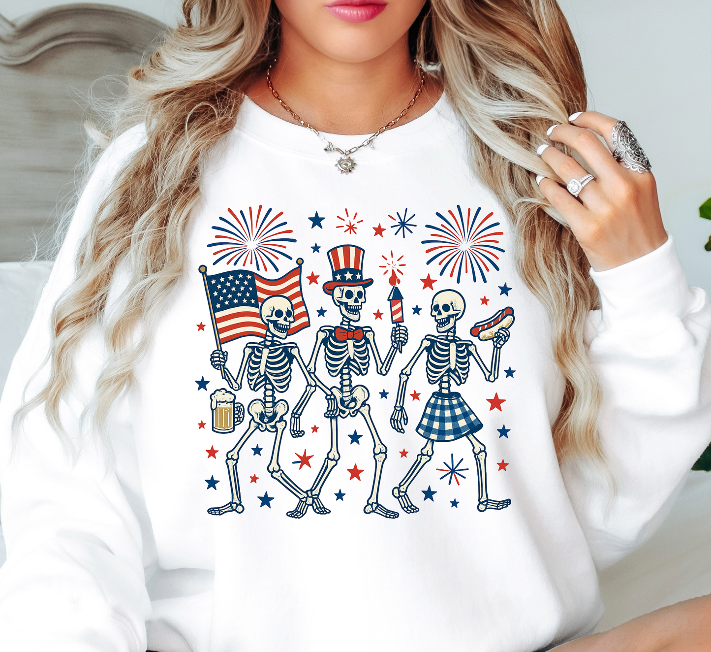 Patriotic Skeletons Sweatshirt | Stars and Stripes Collection | Unique Gifts for Family and Friends