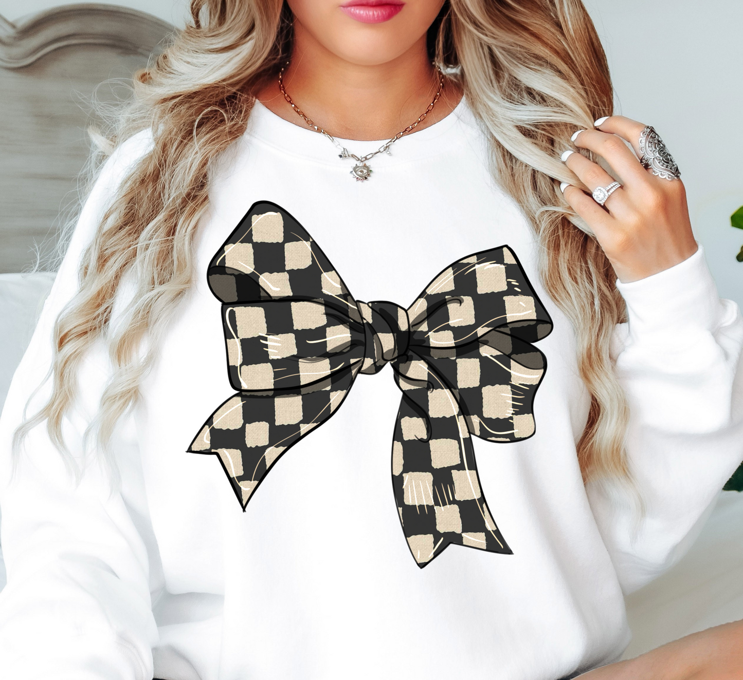 Checkered Bow Sweatshirt | Groovy Vibes Collection | Unique Gifts for Family and Friends