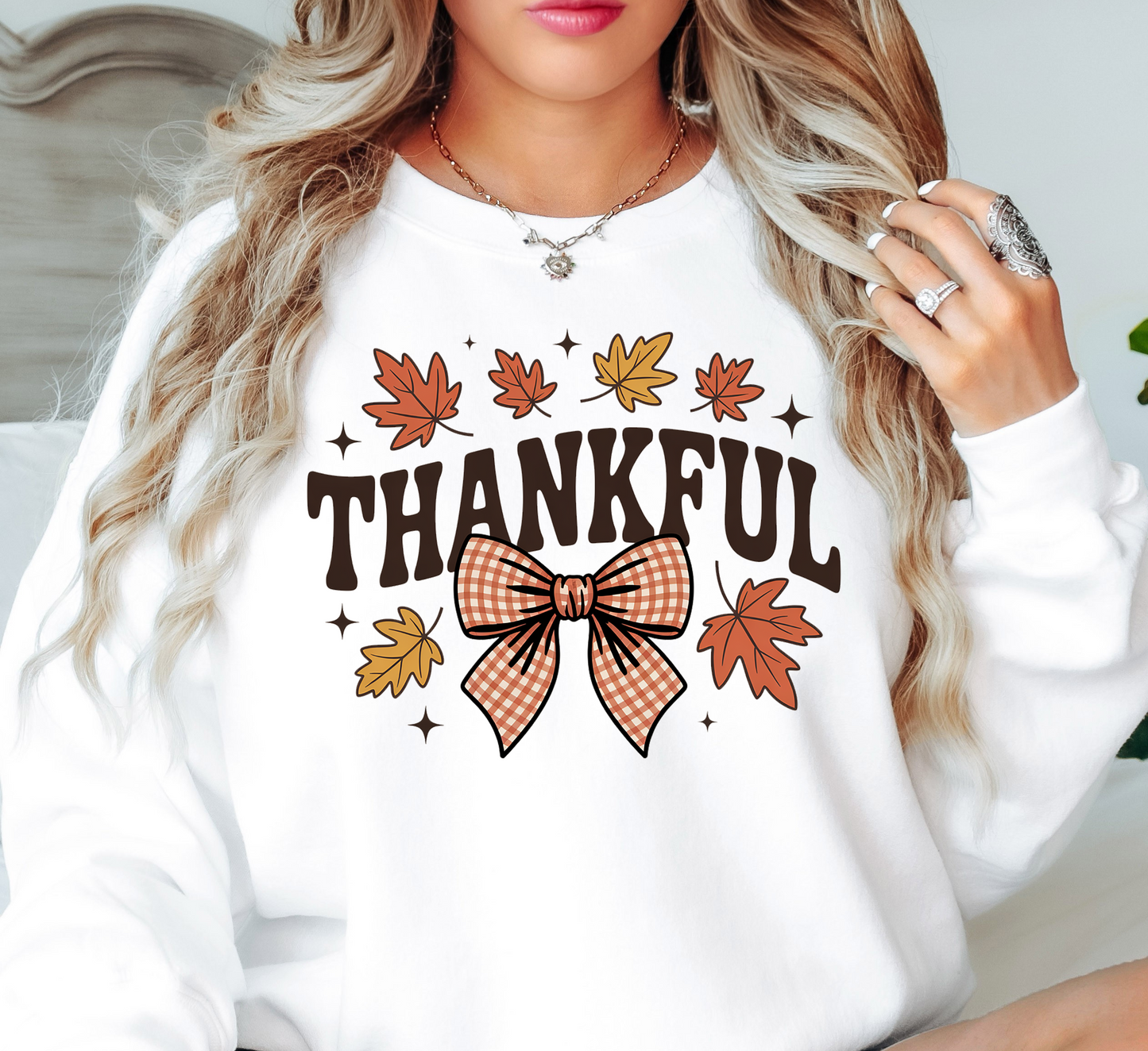 Thankful Leaves With Bow Sweatshirt | Harvest Joy Collection | Unique Gifts for Family Friends