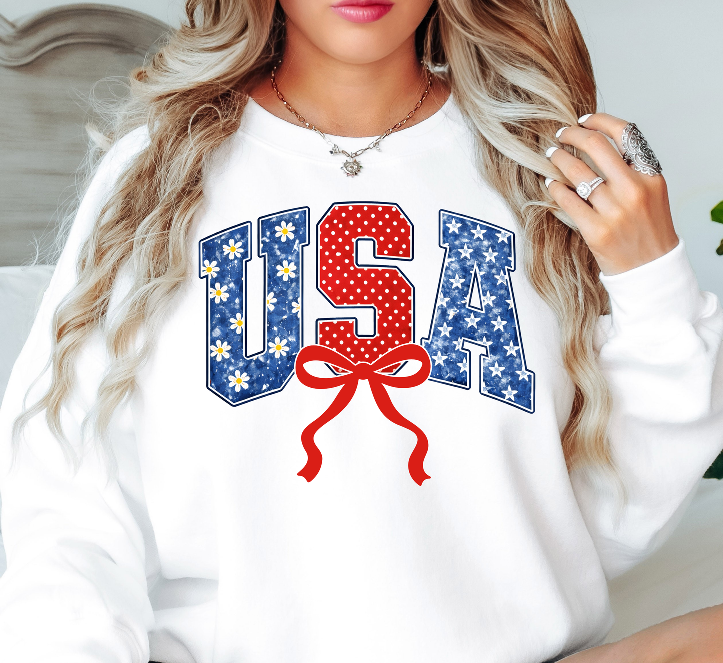 Preppy USA Floral Bow Sweatshirt | Stars and Stripes Collection | Unique Gifts for Family and Friends