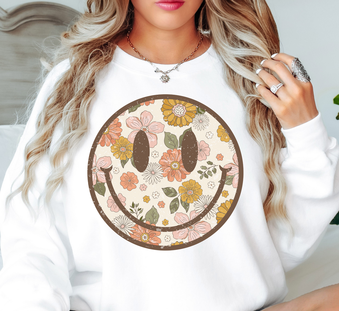 Distressed Floral Smiley Sweatshirt | Spring Fling Collection | Unique Gifts for Family Friends