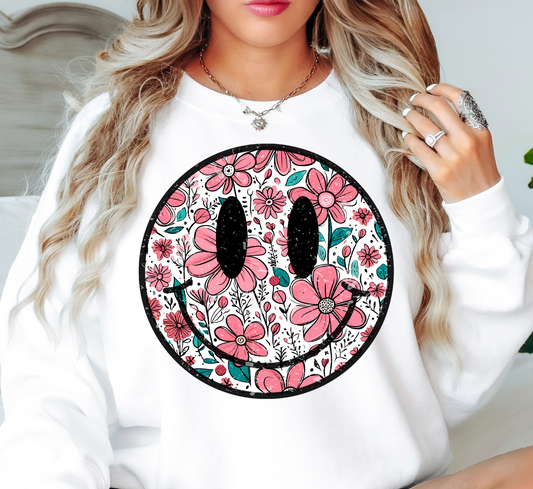 Floral Spring Smiley Face Sweatshirt | Spring Fling Collection | Unique Gifts for Family Friends