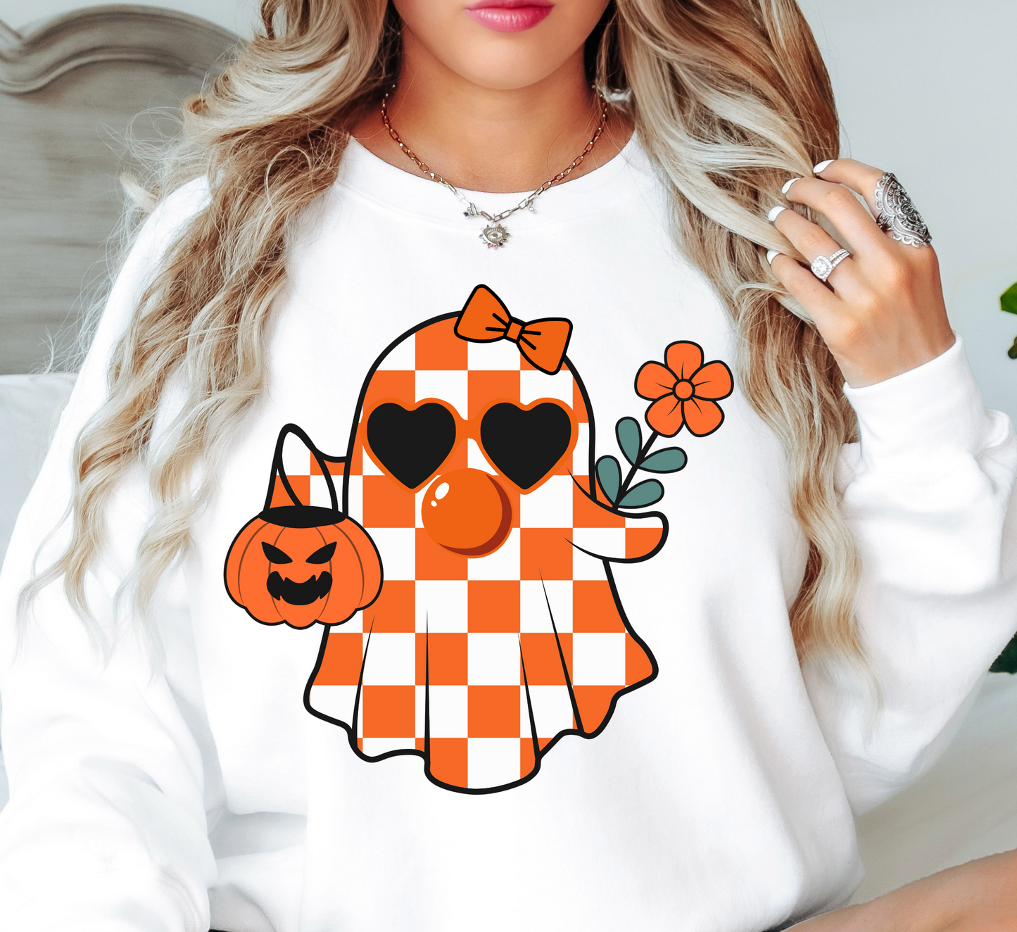 Cutie Checkered Ghost Sweatshirt | Boo-tiful Vibes Collection | Unique Gifts for Family Friends