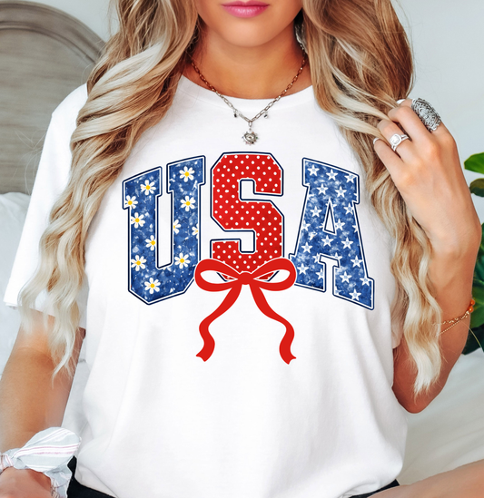 Preppy USA Floral Bow Tee | Stars and Stripes Collection | Unisex Pre-Shrunk T-Shirt